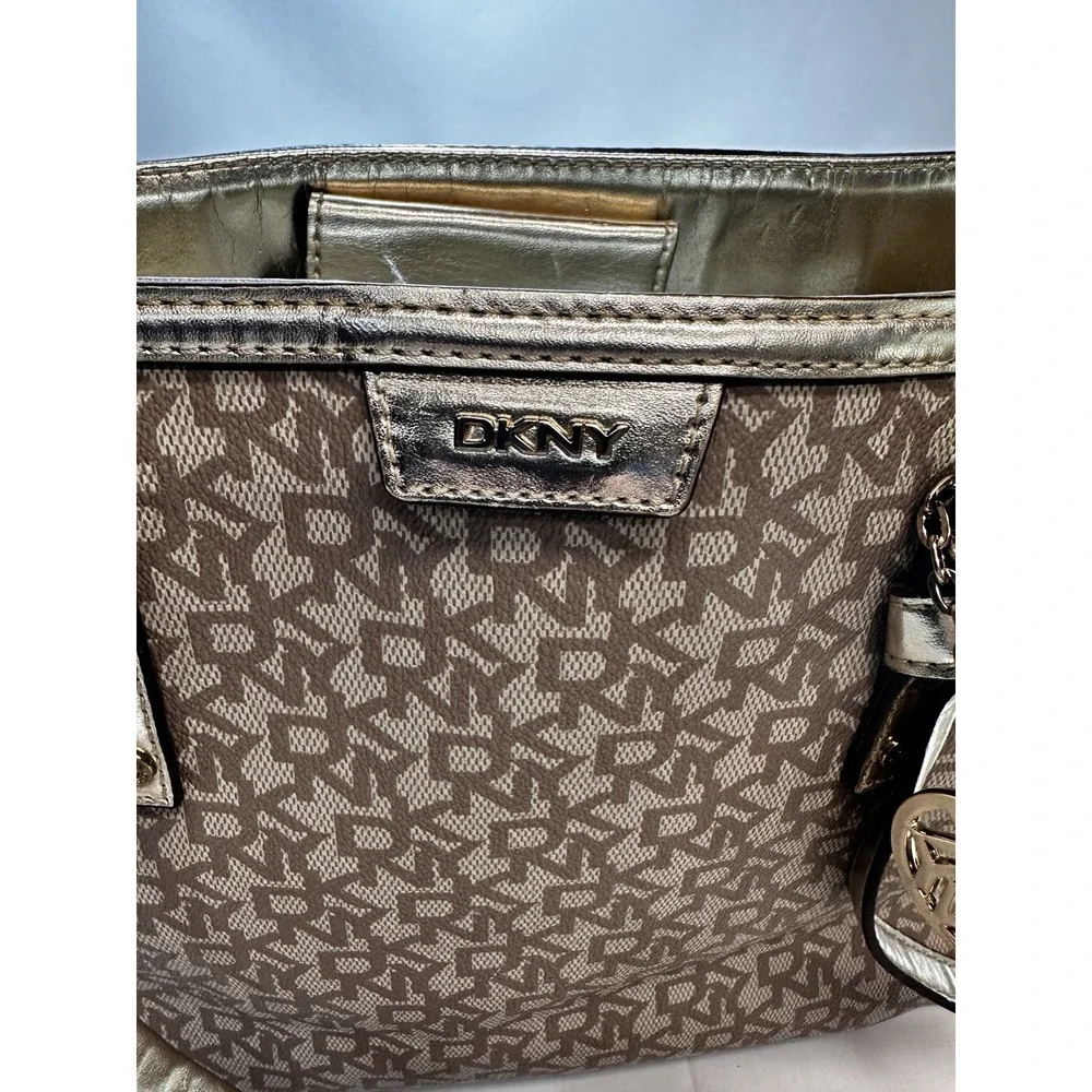 DKNY Repeat Gold Tote Bag Purse Beige w/ Brown Monogram in excellent cond 1990's
